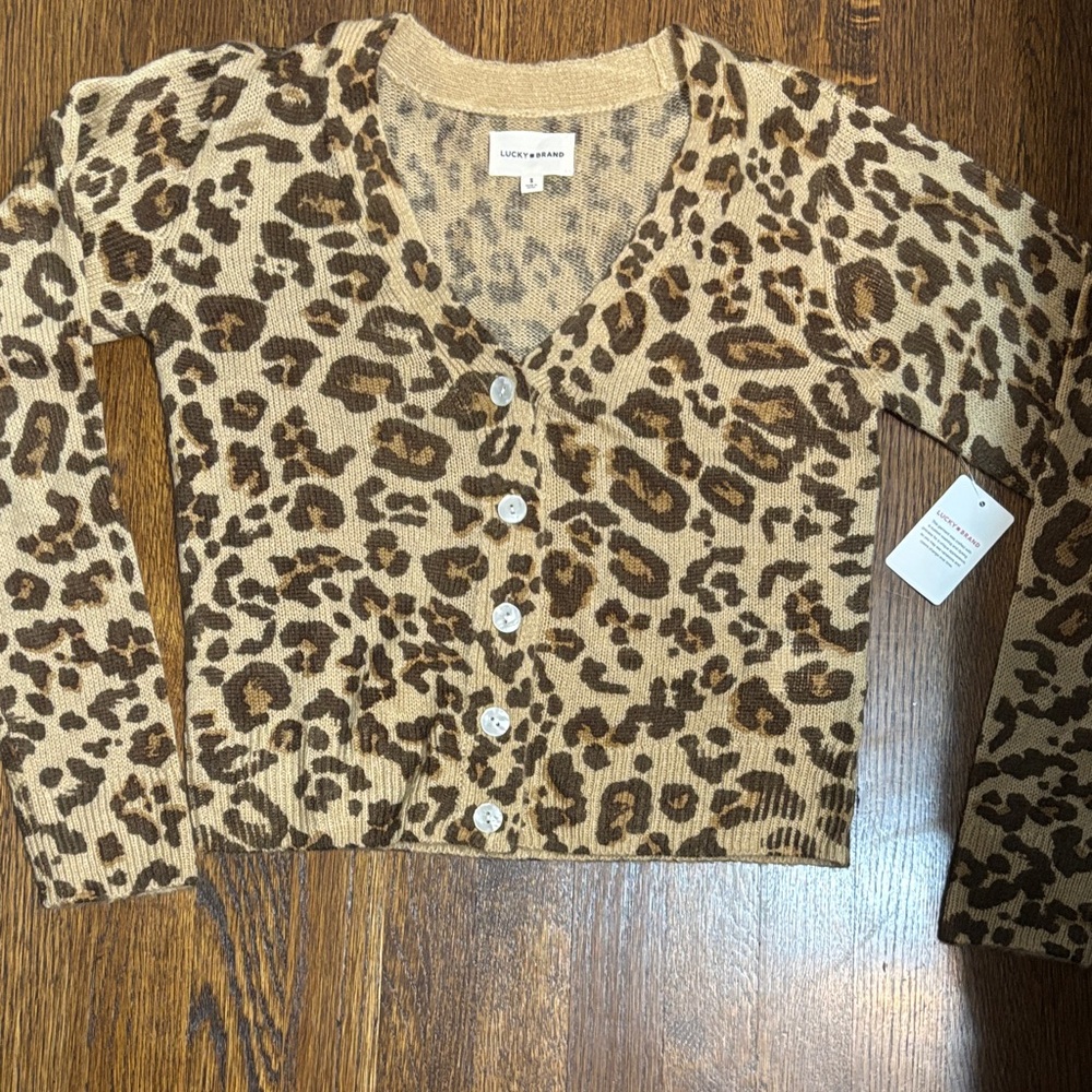 Lucky Brand Leopard Print V-Neck Button Cardigan - Tan and Brown size small